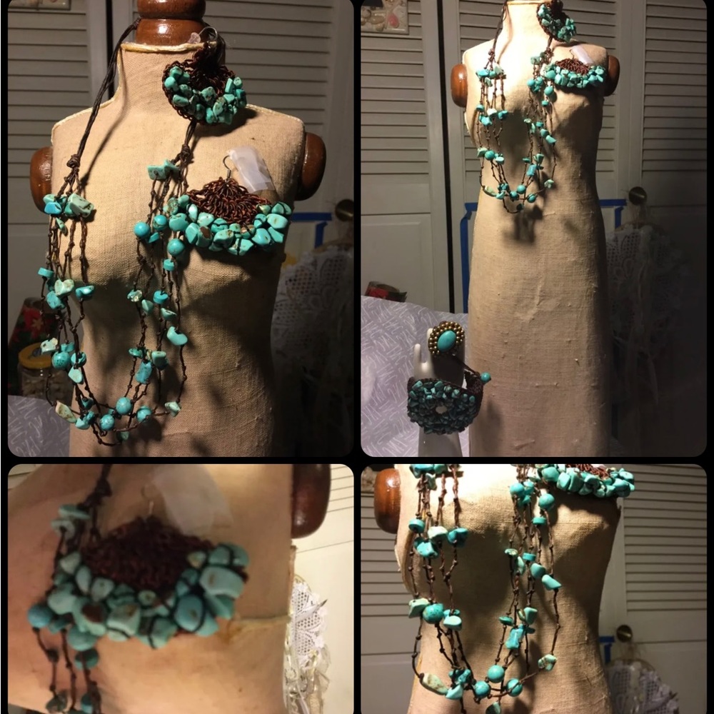 Crochet Turquoise Nugget necklace & Earring set.